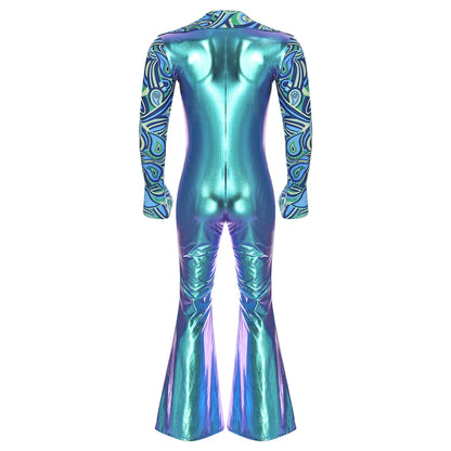 Men Hippie Costume Retro Disco Jazz Dance Jumpsuit Lapel V Neck Flare Sleeve Bell Bottom - Blue / S