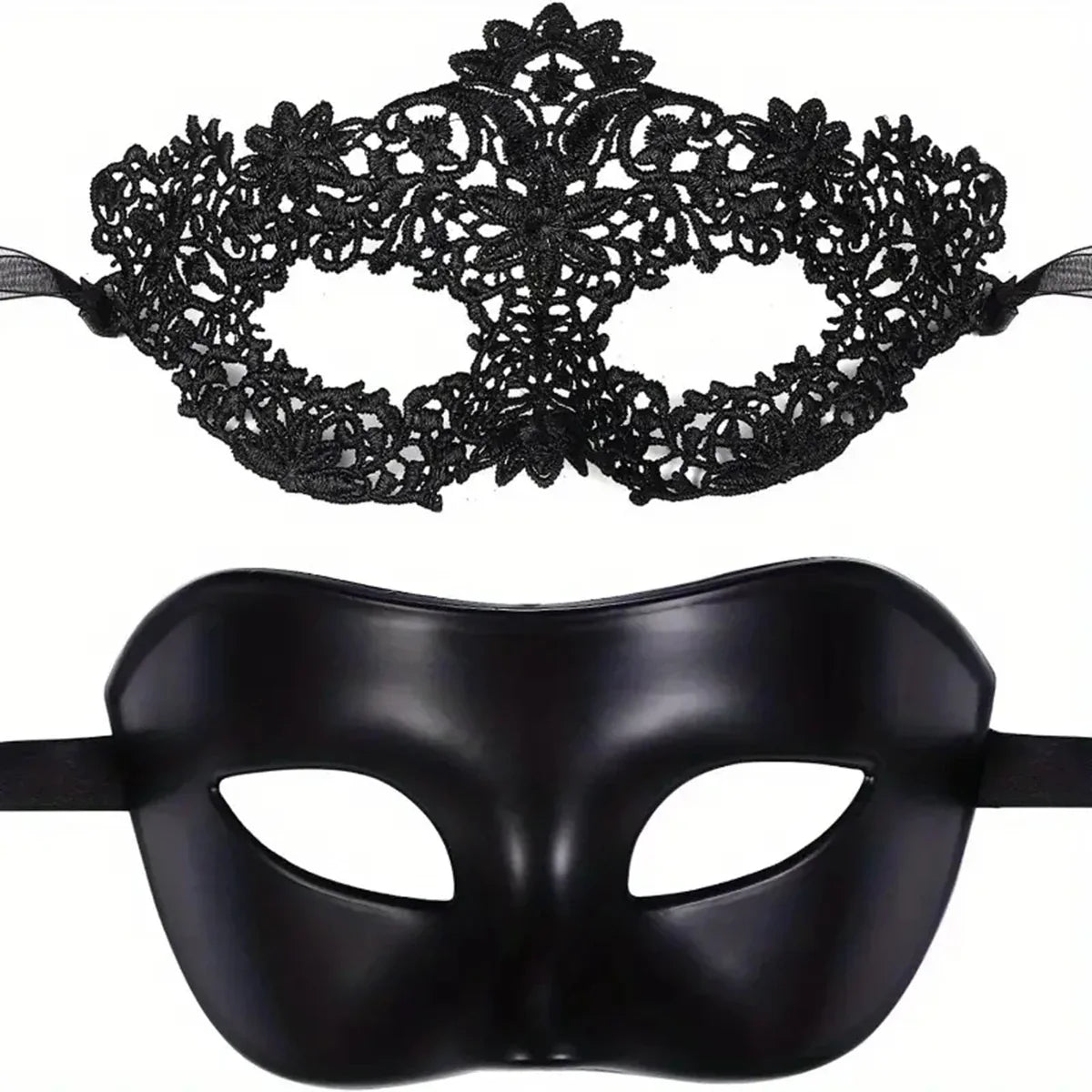 2-Piece Black Lace Masquerade Mask Set for Couples