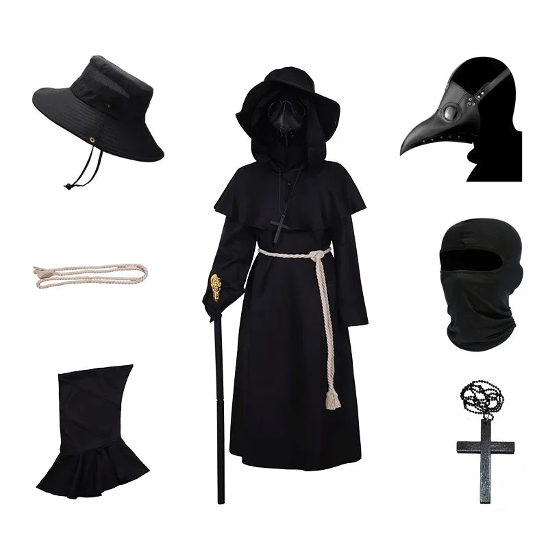Plague Doctor Costume Black Hooded Cloak Uniform Boys Adult Carnival Costume Doctor