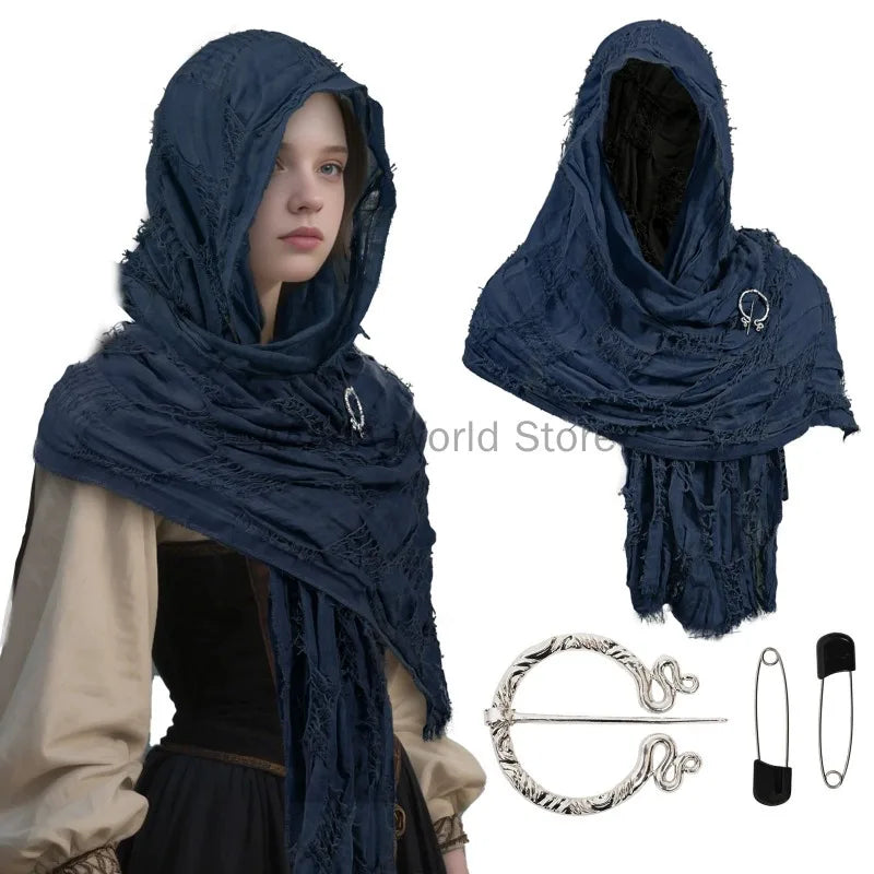 Medieval Halloween Cloak Renaissance Costume Cape Wrap Dune Wasteland Hooded Shawl with - set as show / One Size
