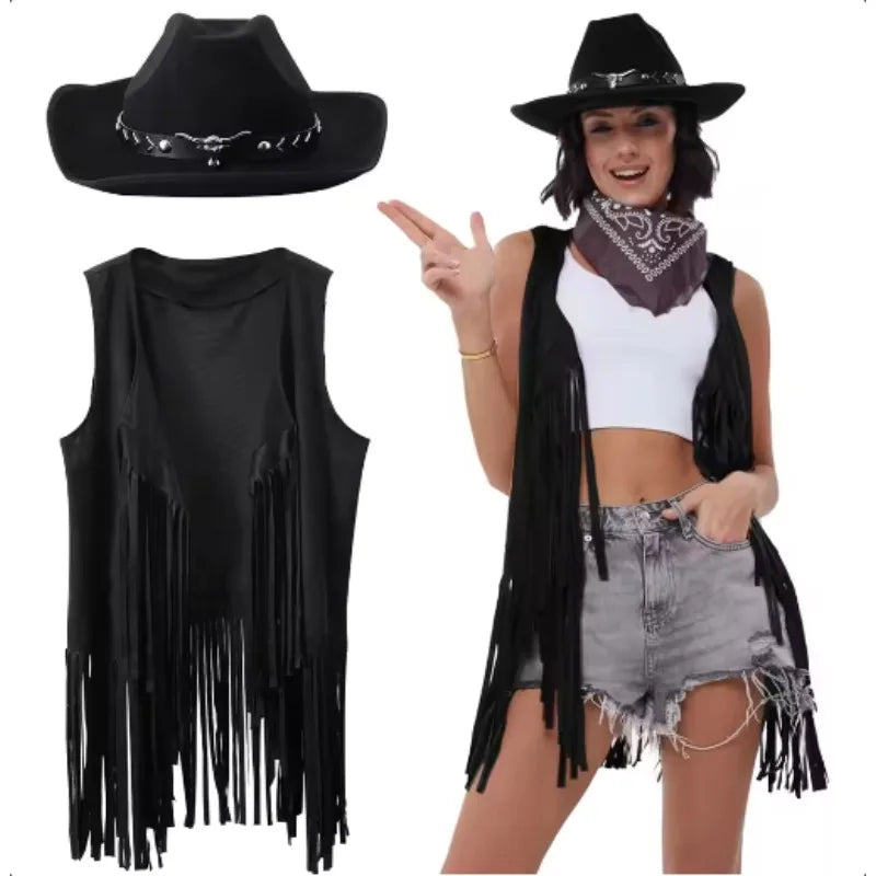 3 Pcs Women Cowboy Cowgirl Costume Faux Suede Tassel Vest Waistcoat with Rivets