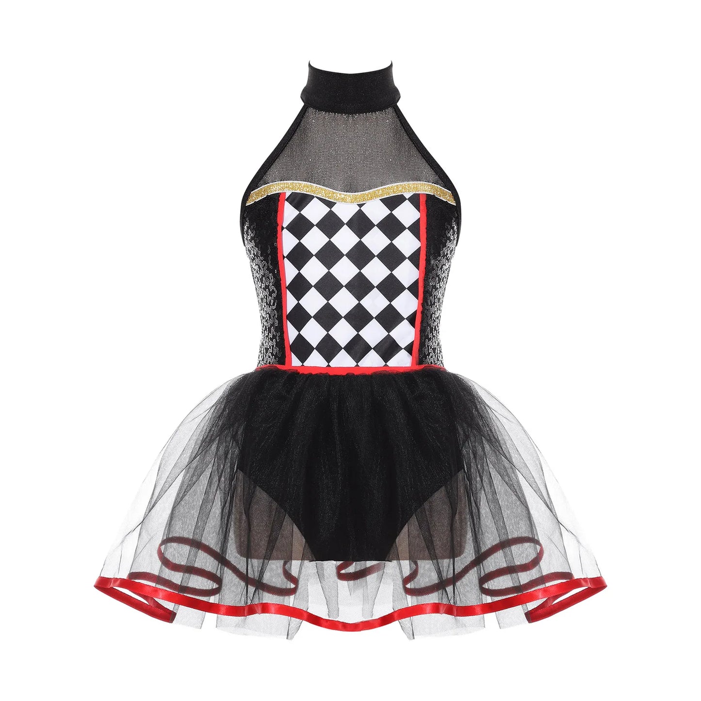 Kids' Girls Clown Jester Circus Halter Neck Checkerboard Sequins Tutu Costume - alternate view 7