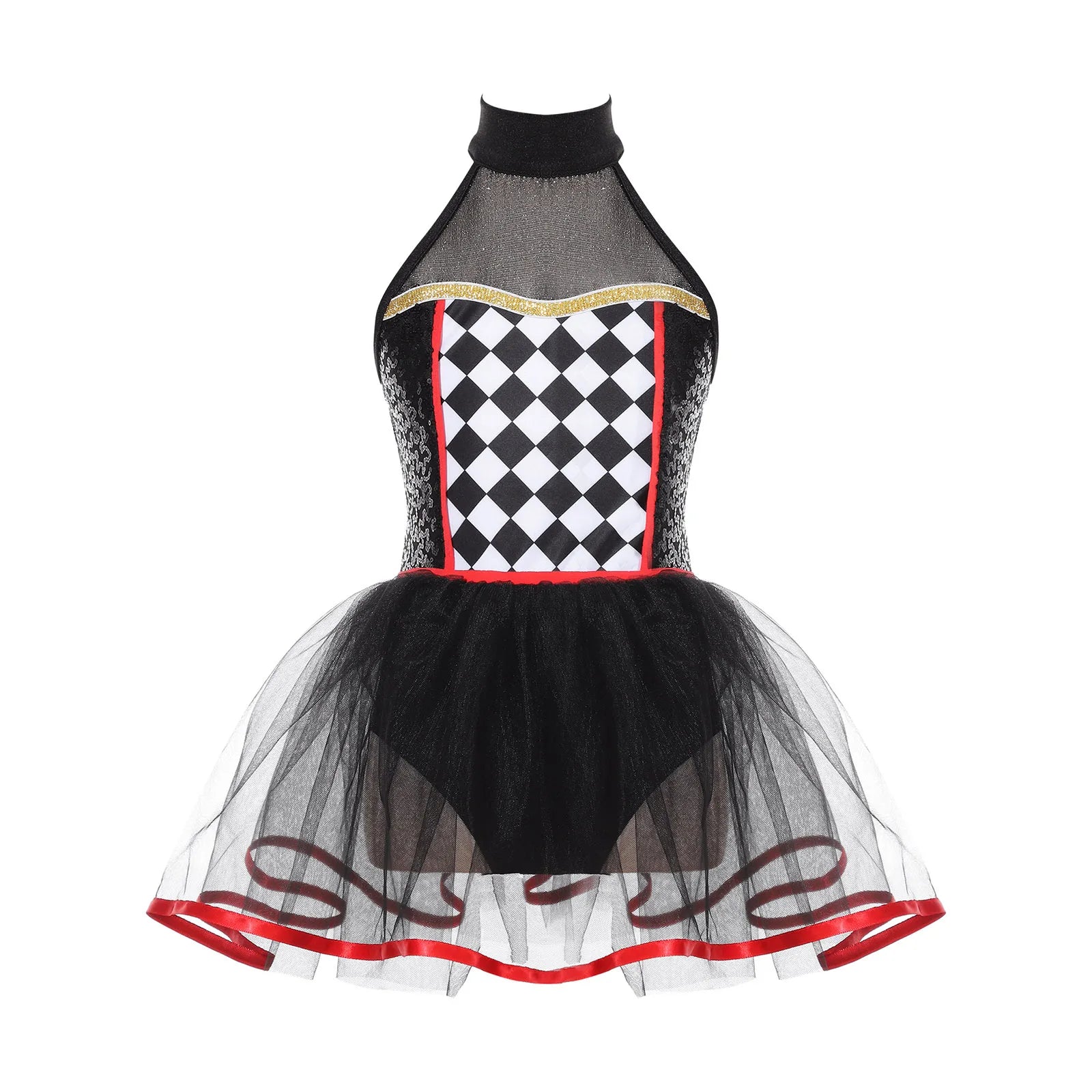 Kids' Clown Jester Circus Halter Neck Checkerboard Sequins Tutu Costume - alternate view 9