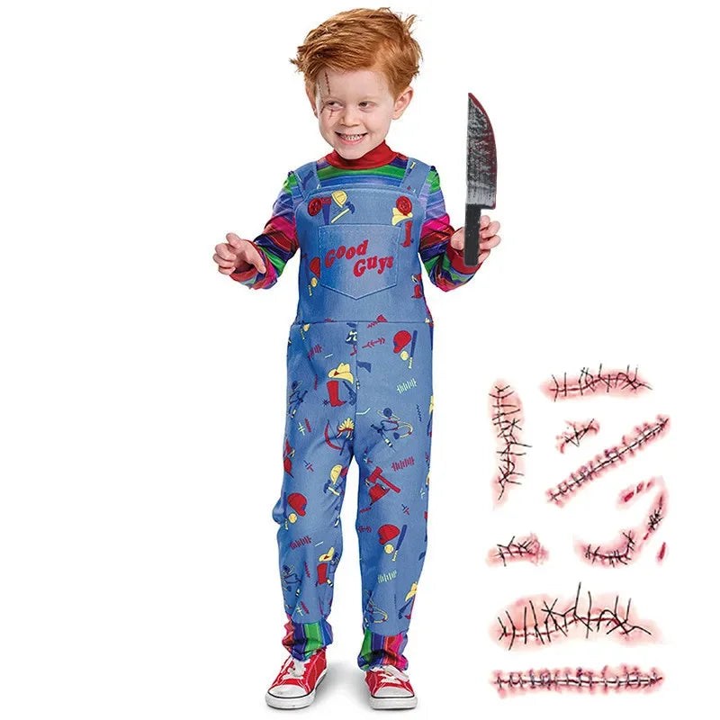 Kids' Chucky-Inspired Halloween Costume with Jumpsuit & Scar Tattoos