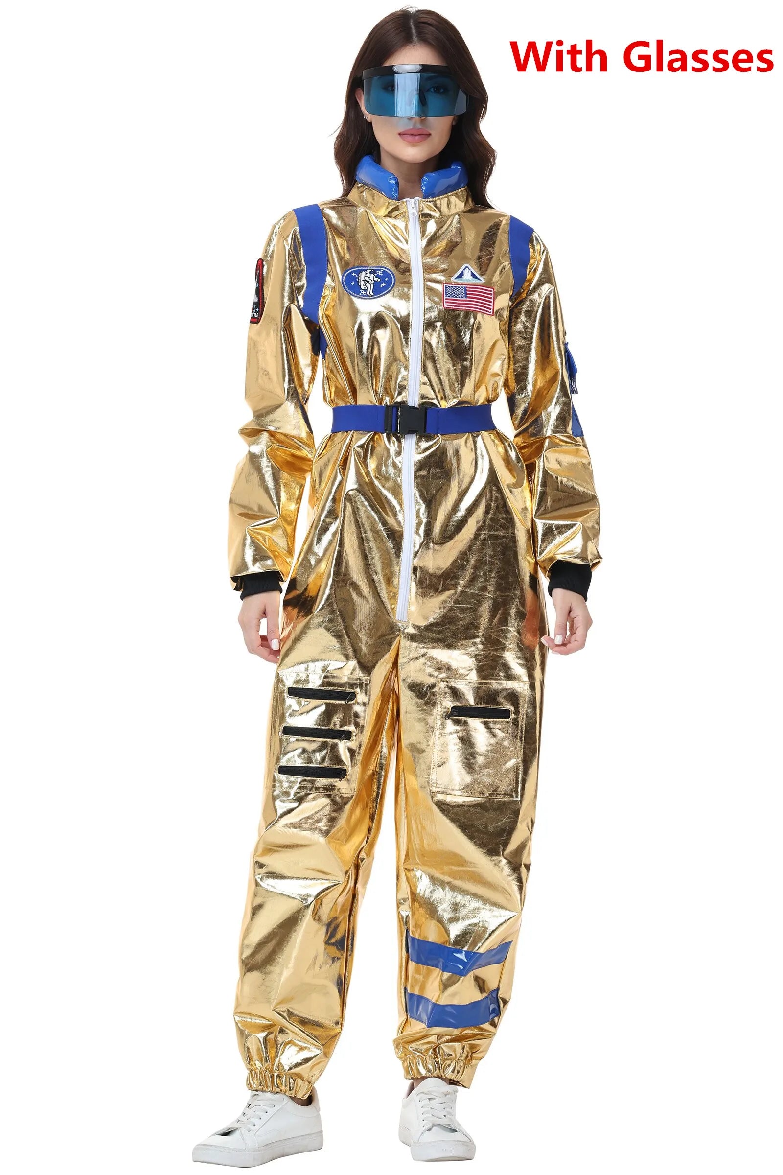Adult Silver Astronaut Costume Men Women Spaceman Suit Space Jumpsuit Halloween Costume - Blue Men-B / L