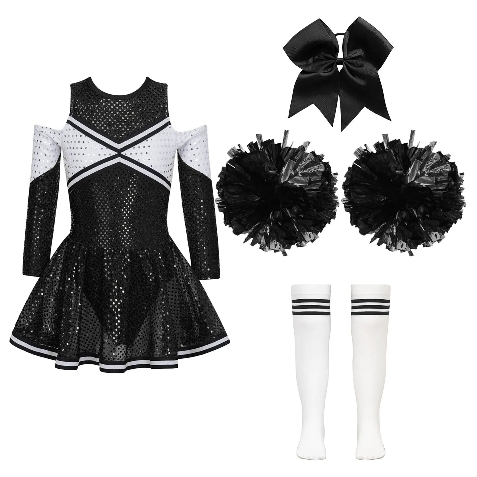 Kids Girls Cheerleader Costume Halloween Cosplay Cheerleading Dance Outfits Sequins Dress with Pom Poms Bow - product image 9