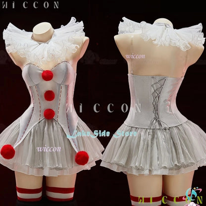 Halloween Movie Clown Pennywise Dress Cosplay Costume Wig Genderswap Horror Scary Sexy Dress Up Women Carnival Party Outfit