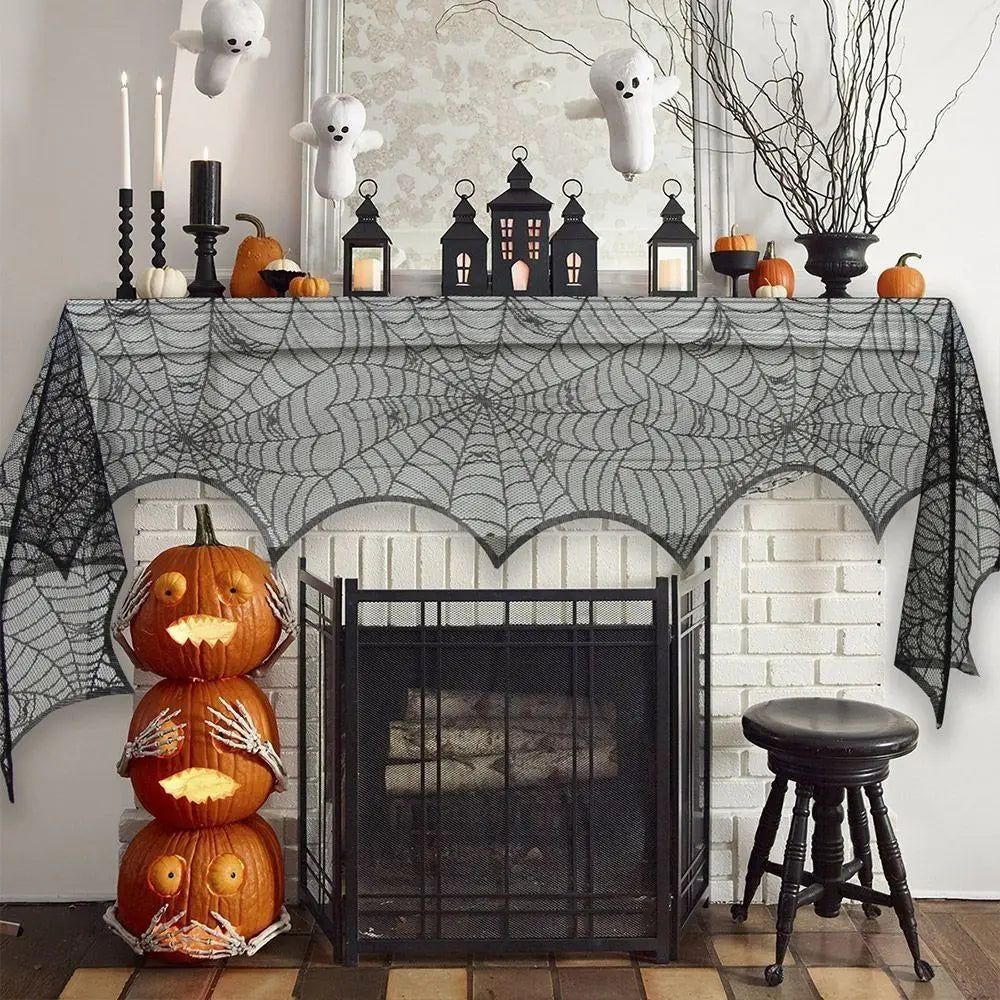 Halloween Bat Table Runner Lace Web Skeleton Skull Tablecloth Black Fireplace - product image 4