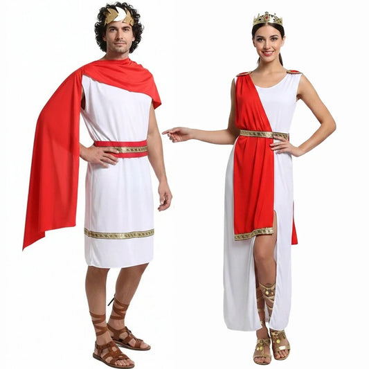 Ancient Greek Costumes Roman Vintage Couple's White and Red Color-Blocked Robe and Shawl - 001 / One Size