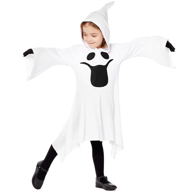 Kid Viral Halloween Bashful Ghost Costume White Printed Dress with Wide Sleeves Pointed - WHITE / L