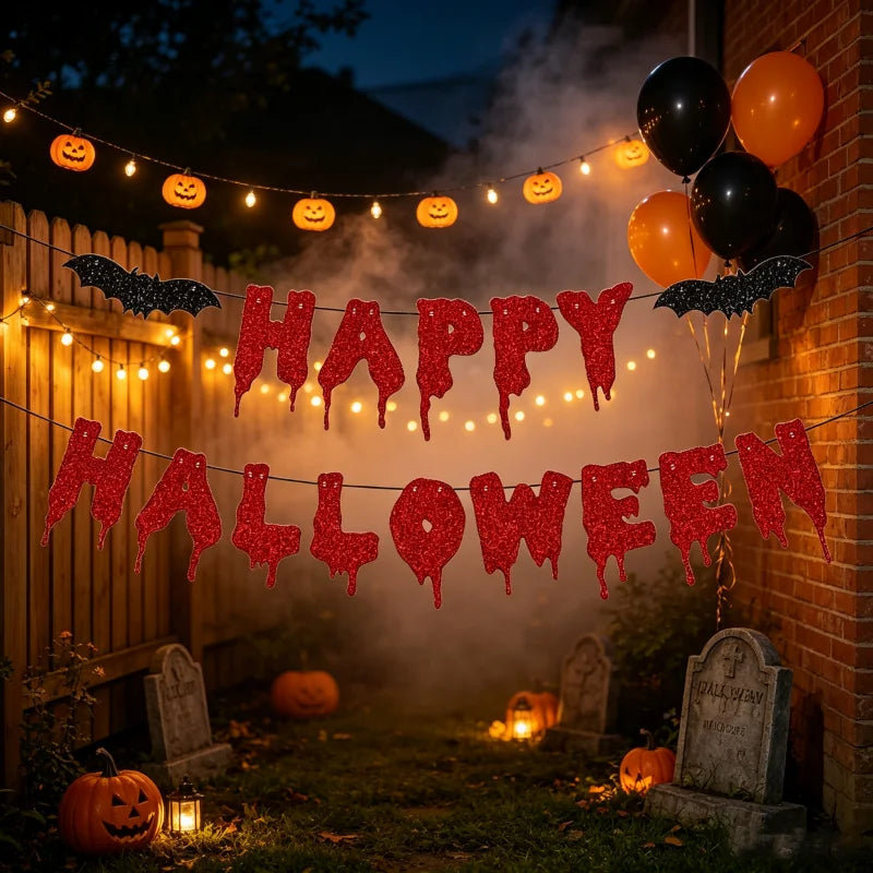 Glitter Red Happy Halloween Paper Banner With Rope Halloween Party Garland - product image 5