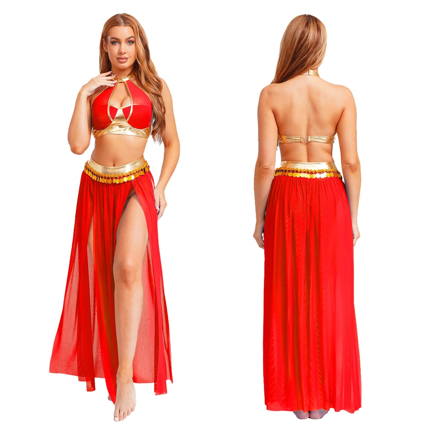 Women Halloween Cleopatra Ancient Egyptian Queen Sun Goddesses Cosplay Costume Crop Top with Skirt Belly Indian Dance Outfit