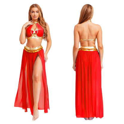Women Halloween Cleopatra Ancient Egyptian Queen Sun Goddesses Cosplay Costume Crop Top with Skirt Belly Indian Dance Outfit