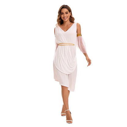 Halloween Costume White Goddess V-neck Irregular Dress Noble and Free Ancient Greek - White / M