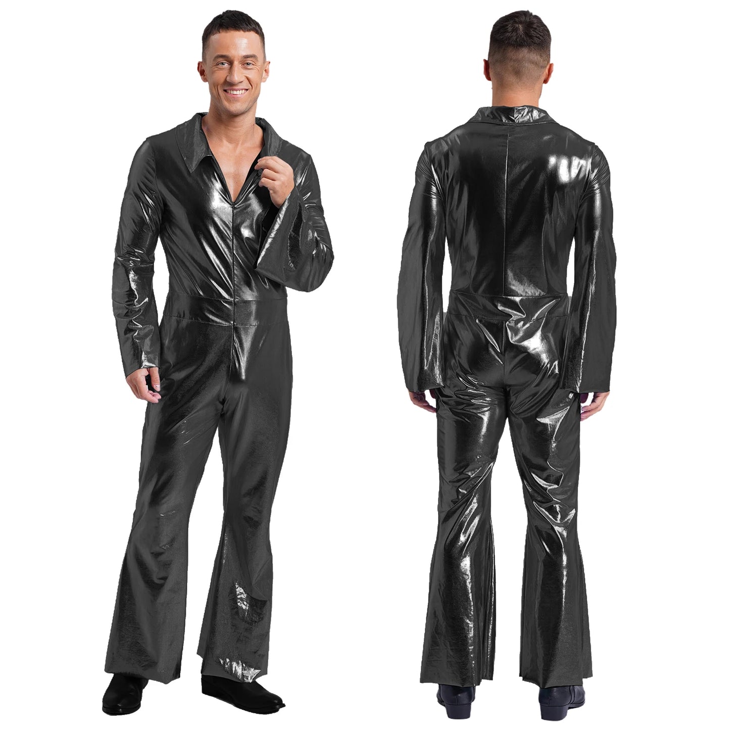 Men 70s Disco Jazz Dance Performance Costume Flare Sleeve Zipper Metallic Shiny Jumpsuit - Black / M