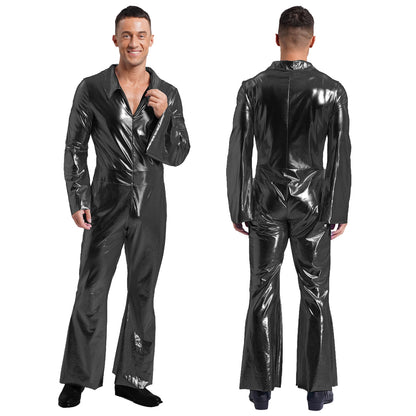 Men 70s Disco Jazz Dance Performance Costume Flare Sleeve Zipper Metallic Shiny Jumpsuit - Black / M
