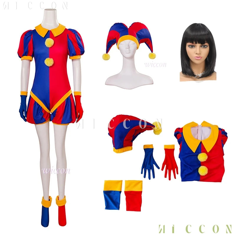 Circus Clown Costume Wig Halloween Cute Pommni Hat Cartoon Onesie Red and Blue Stripe - Costume wig / S