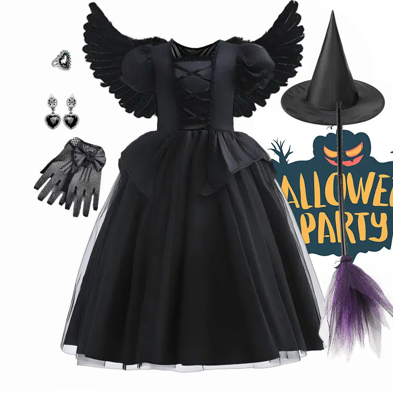 Girls Black Witch Halloween Costume Dress with Hat
