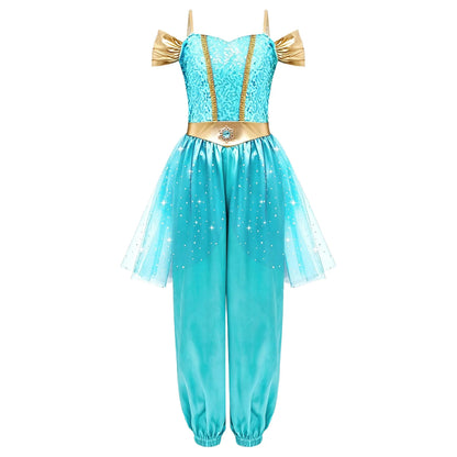 Girls Arabian Princess Halloween Carnival Dress Up Cosplay Costume Metallic Ruched Sequin Bodice Tulle Panel - product image 7