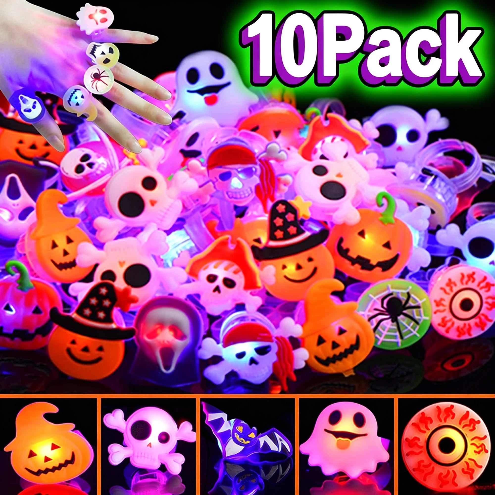 Halloween Light Up LED Rings, Non Candy Trick or Treats 3D Flashing Rings Toys Glow In the Dark Halloween Party Favor Ring Toy Gifts For Kids Adults Goodie Bag Stuffers