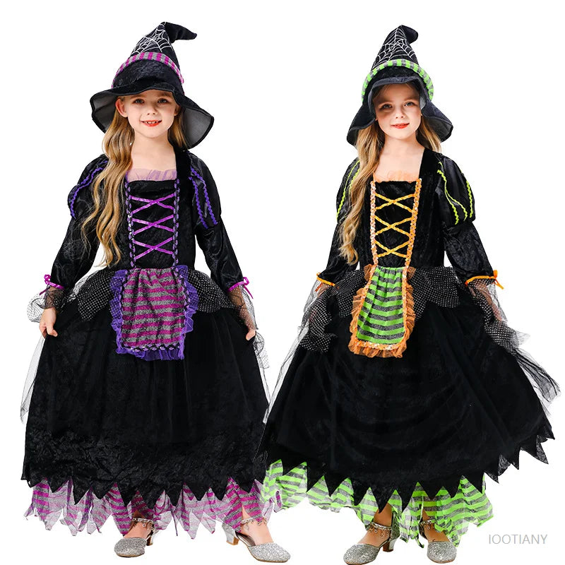Halloween Children Purple Witch Costume Girls Magician Mesh Dress Kids Clothes Baby Bat Spider Costume - product image 1