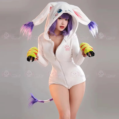 Anime Eevee Cosplay Costume Women Sexy Flannel Hooded Bodysuit Socks Suit Bunny Girl Cute Cartoon Plush Pajamas Jumpsuit Uniform