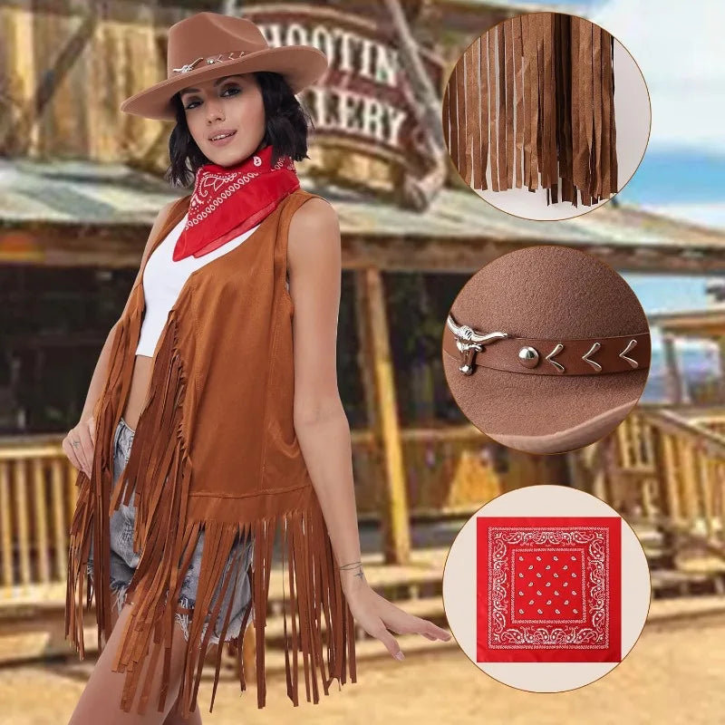 3 Pcs Women Cowboy Cowgirl Costume Faux Suede Tassel Vest Waistcoat with Rivets