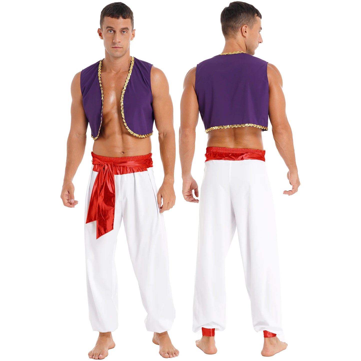 Men's Arabian Prince Mythical Aladdin Sequin Trim Waistcoat Belted Pants Costume - alternate view 10