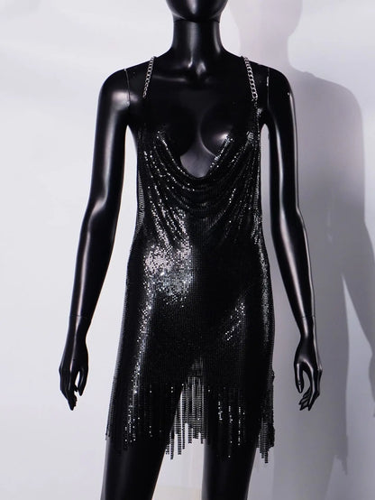 Halloween Women Metal Sequins Dress Sexy Backless Tassel V Neck Sleeveless Mini - product image 7