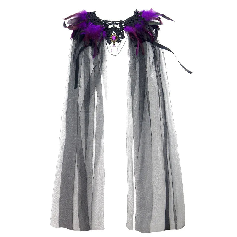 Witch Vampire Bride Medieval Feather Tulle Cloak Halloween Costume - product image 5