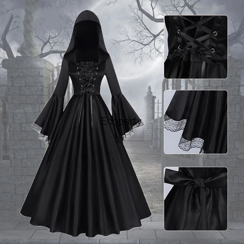 Renaissance Gothic Hooded Dress for Women Black Square Neck Flare Sleeve Big Swing Long Dresses Female - product image 1