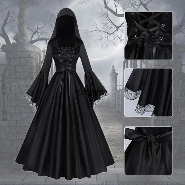Renaissance Gothic Hooded Dress for Women Black Square Neck Flare Sleeve Big Swing Long Dresses Female - product image 1