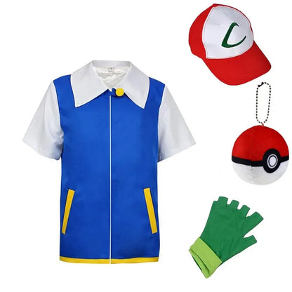 Men Anime Trainer Costume Boys Ash Ketchum Adult for Girls Halloween Women Blue Jacket Cap - Glove ball Hat / Kids 130