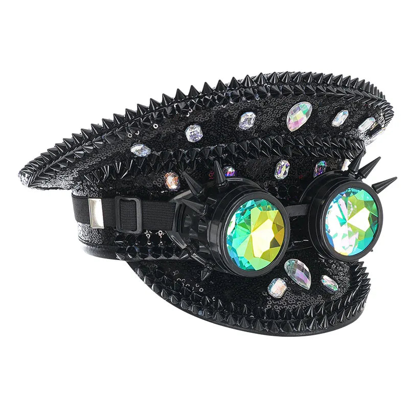 Halloween Costume Steampunk Hat with Goggles Vintage Men Black Sequined & Rivets Gothic - Black / China Mainland