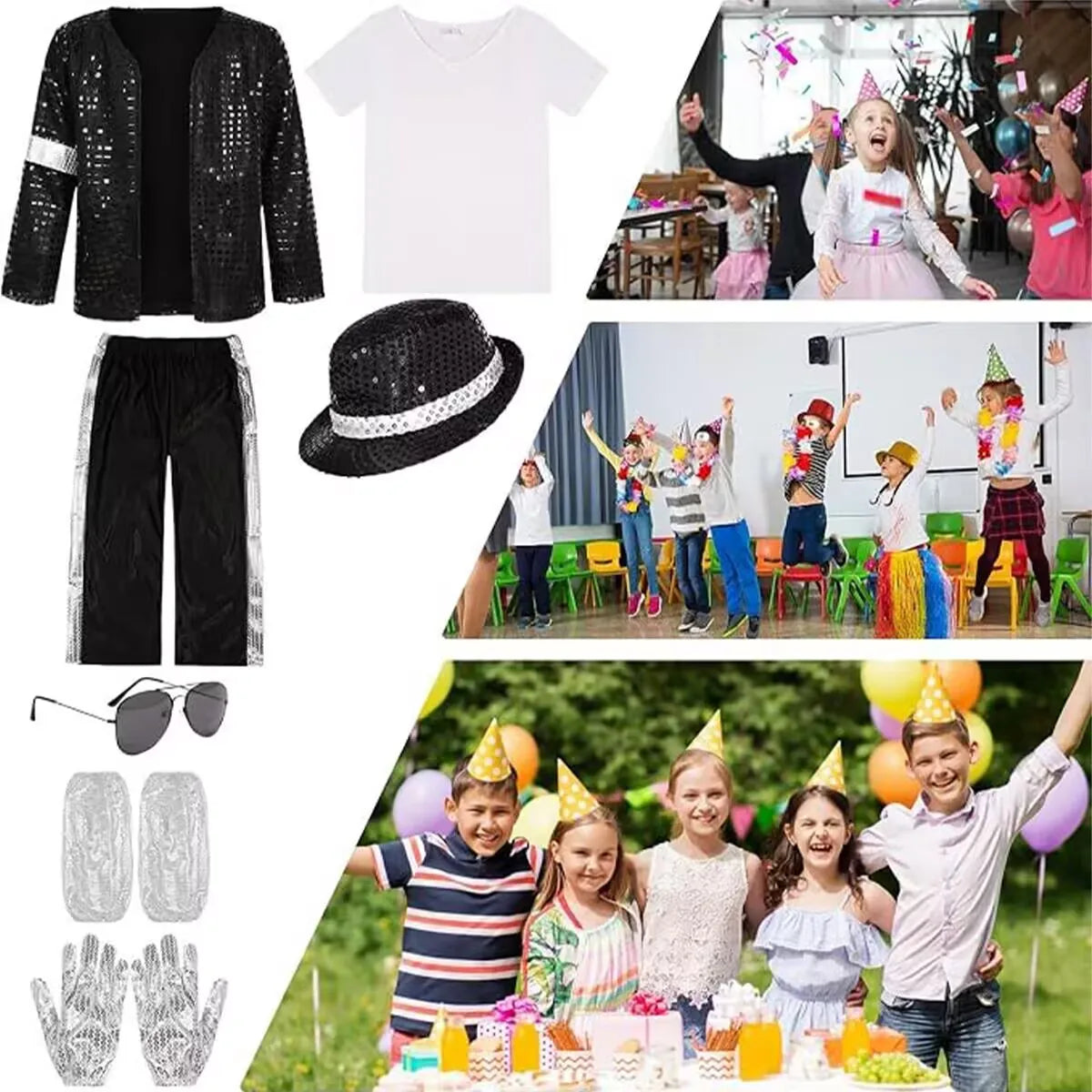 Kids 80s 90s Pop Star Dance Costume Set – Shiny Metallic Sequin MJ Style Role Play Outfit for Boys Girls Stage Party Halloween