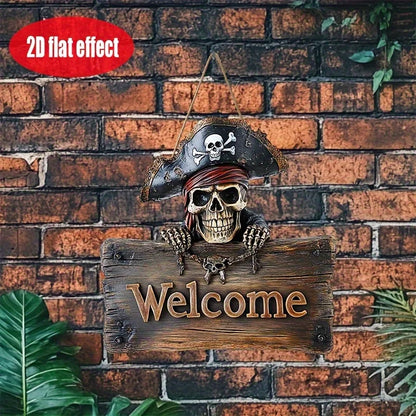 2D Flat 1pc Pirate Skull Welcome Sign Rustic Wooden Door Decoration with Pirate Skull and Crossbones Halloween Party Decoration