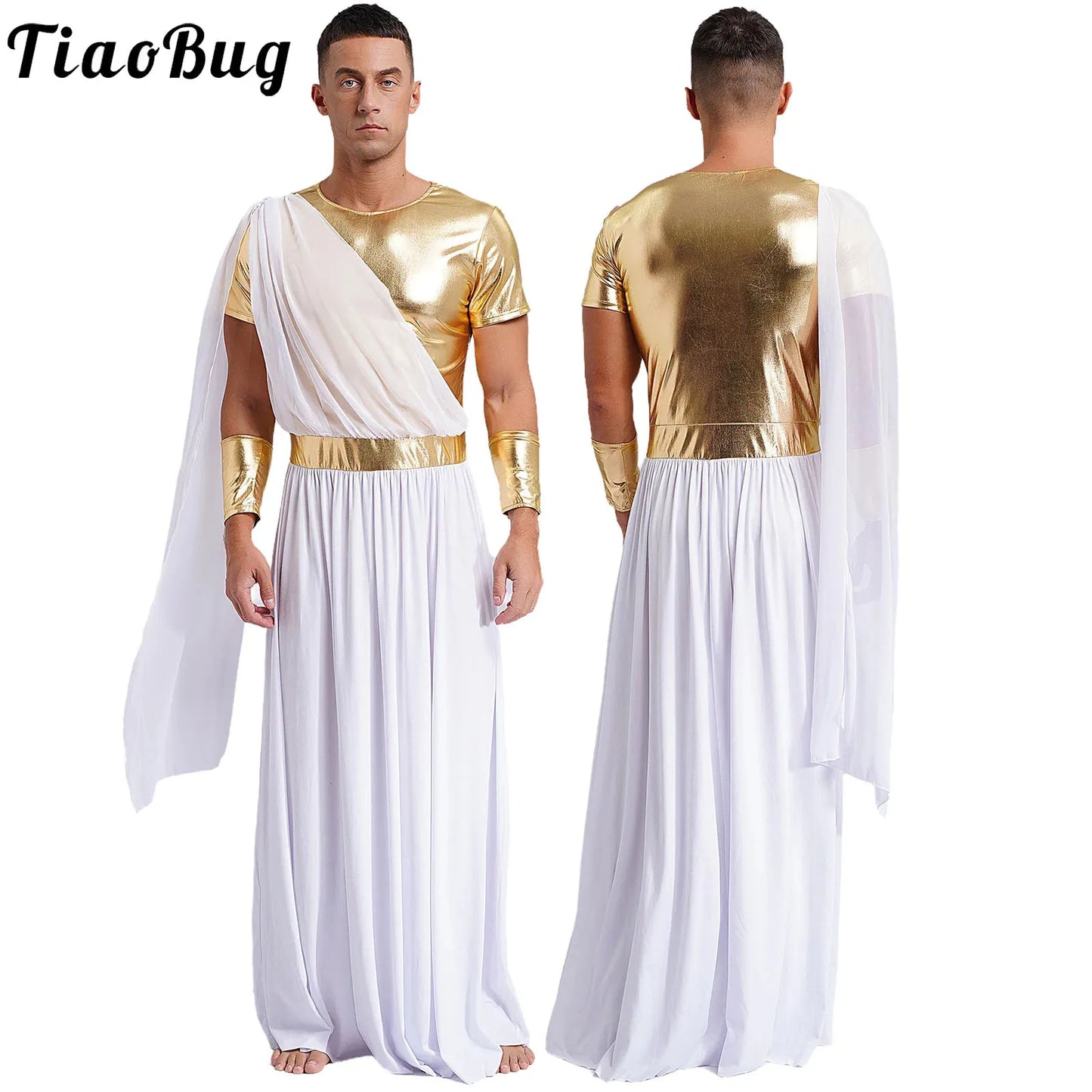 Men's Halloween Ancient Greek God Toga Costumes Roman Emperor Robe Short Sleeve Metallic - Black A / 3XL