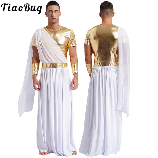 Men's Halloween Ancient Greek God Toga Costumes Roman Emperor Robe Short Sleeve Metallic - Black A / 3XL