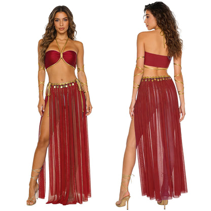 Women Halloween Cleopatra Ancient Egyptian Queen Sun Goddesses Cosplay Costume Crop Top with Skirt Belly Indian Dance Outfit