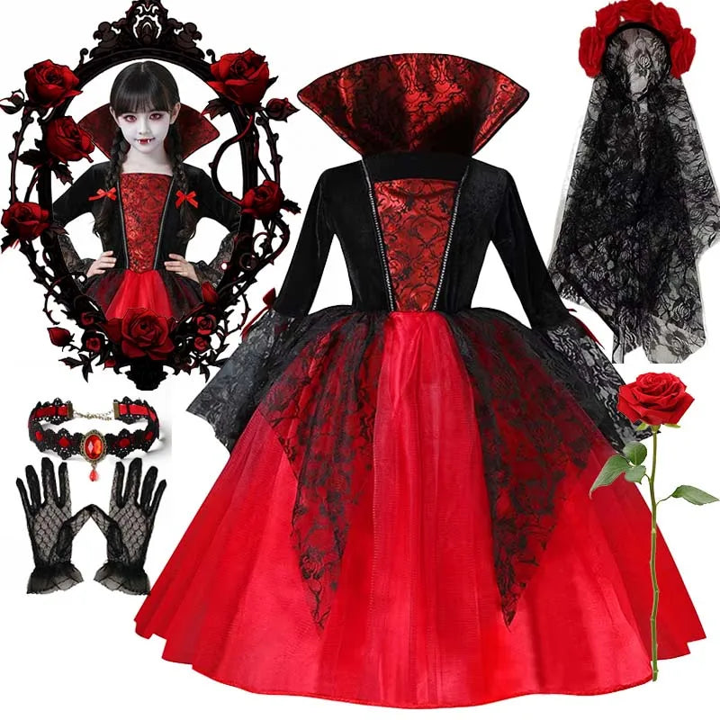 Girls Gothic Vampire Costume – Black & Red Dress or Accessory Sets