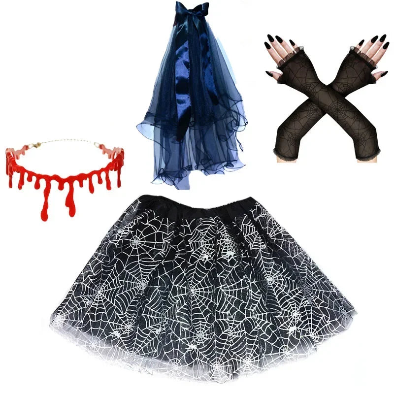 Scary Children Girl Vampire Witch Costume Spider Web Tutu Skirt Hat Crown Arm Sleeves Halloween Cosplay - product image 7