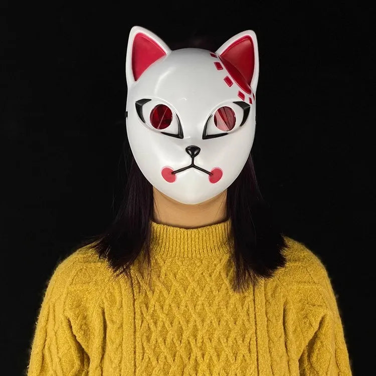Japanese Anime Demon Slayer Mask Costume Anime Props Halloween Fox Mask Hanfu Costume - Style 1-Red