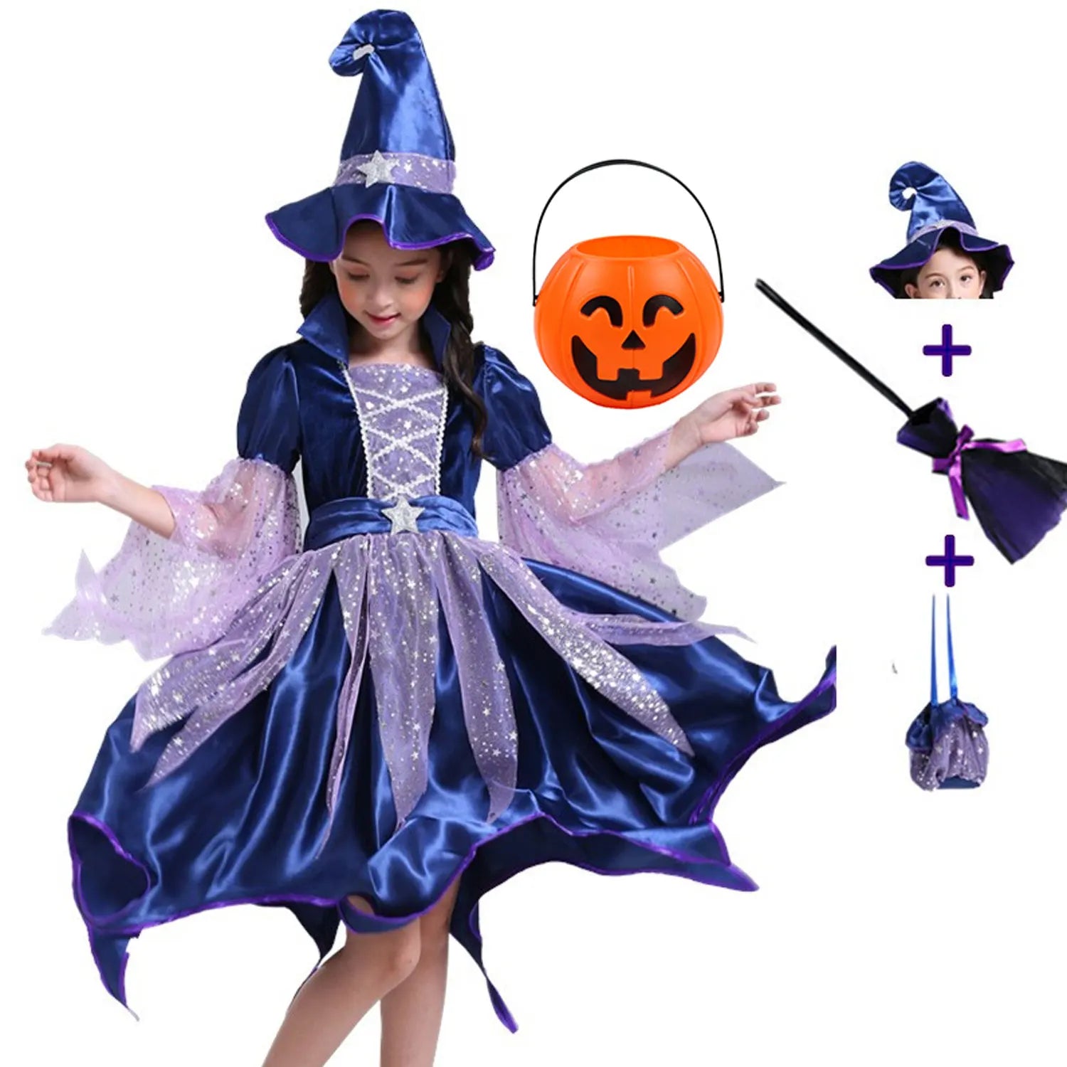 Halloween Blue Witch Costume for Girls with Witch Hat Wand Bag Accessory Set 2-12T Girl Party Dress Vestidos - product image 8