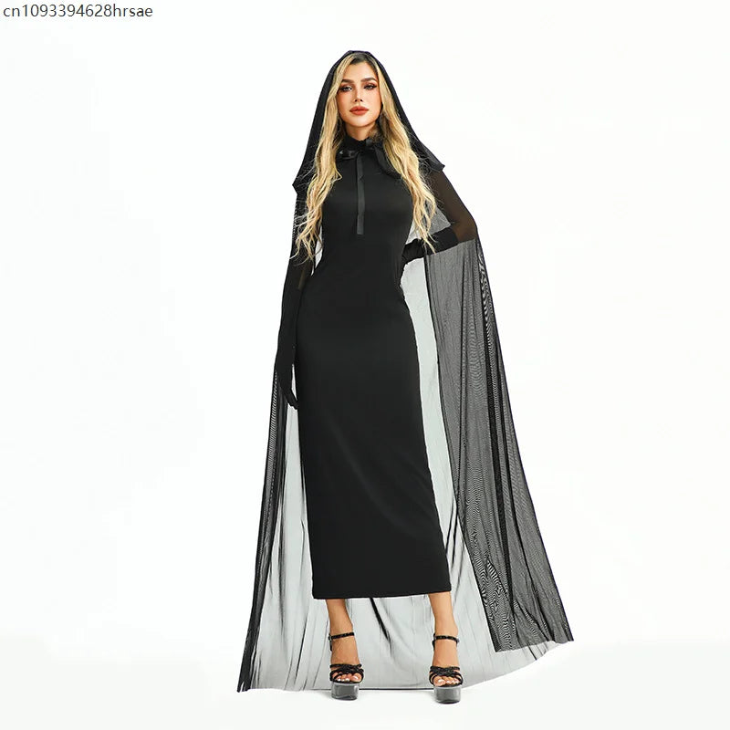 Gothic Dark Witch Cosplay Costume Women Black Fitted Dress Long Hooded Cape Gloves Halloween Vampire Outfit - product image 5