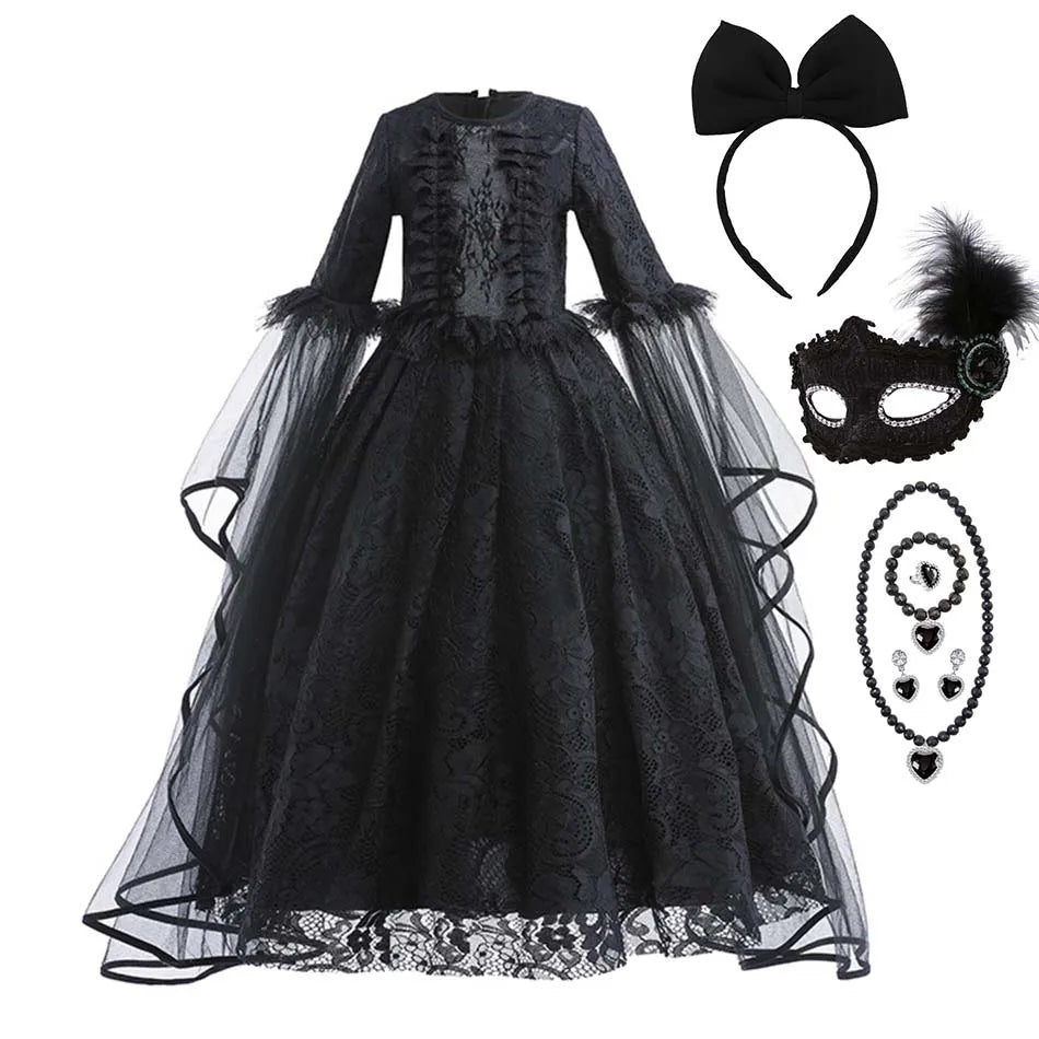 Halloween Dress For Girls Evil Witch Cosplay Costumes Children Lace Ruffles Floor Length Outfits Kids - product image 7