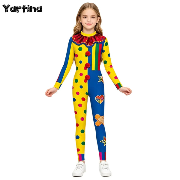 Boys Girls Clown Jumpsuit Sleeve Print Back Zipper Skinny Bodysuit Halloween Costume - White Red / 130