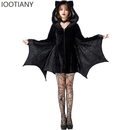 Halloween Devil Costume Evil Bat Skirt Gothic Women's Clown Bat Hooded Bodysuit Gothic - Black / M