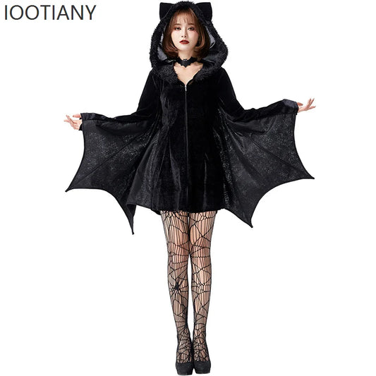 Halloween Devil Costume Evil Bat Skirt Gothic Women's Clown Bat Hooded Bodysuit Gothic - Black / M