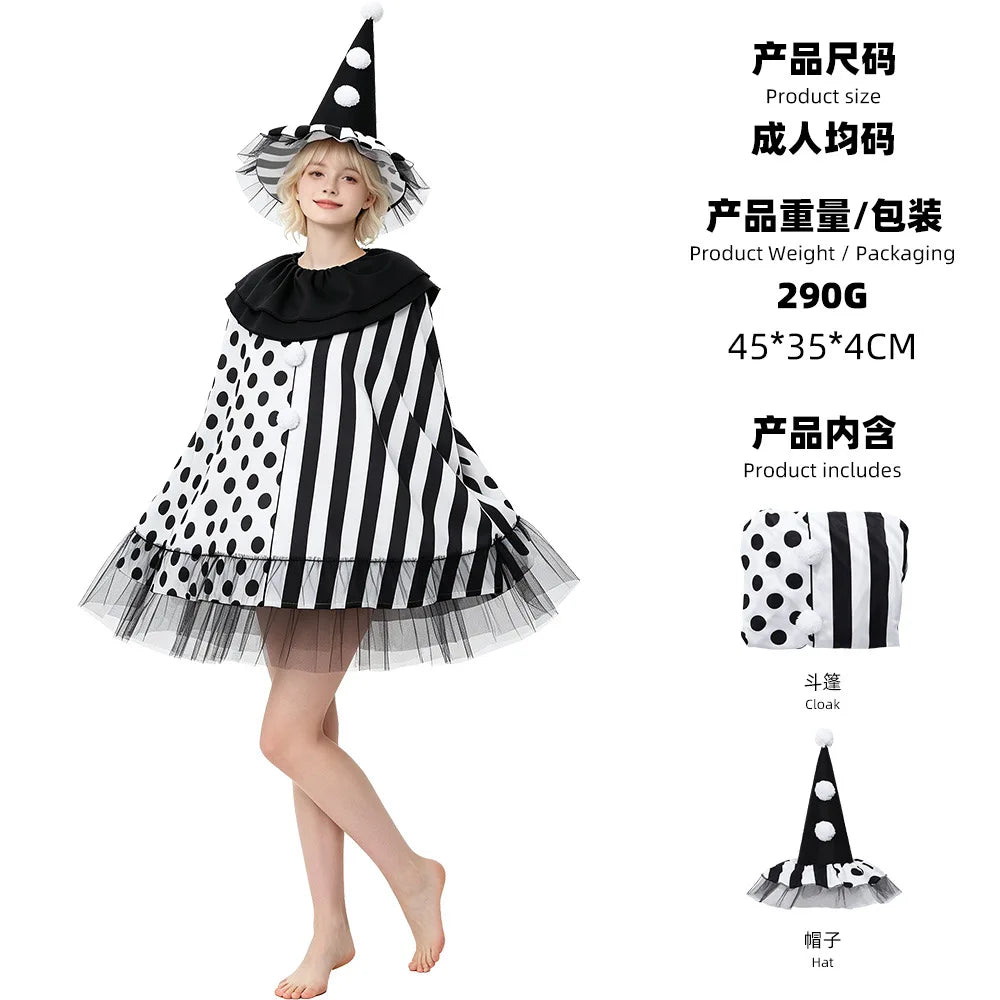 Women's Witch Black White Polka Dot Striped Clown Cape Halloween Costume - View 8