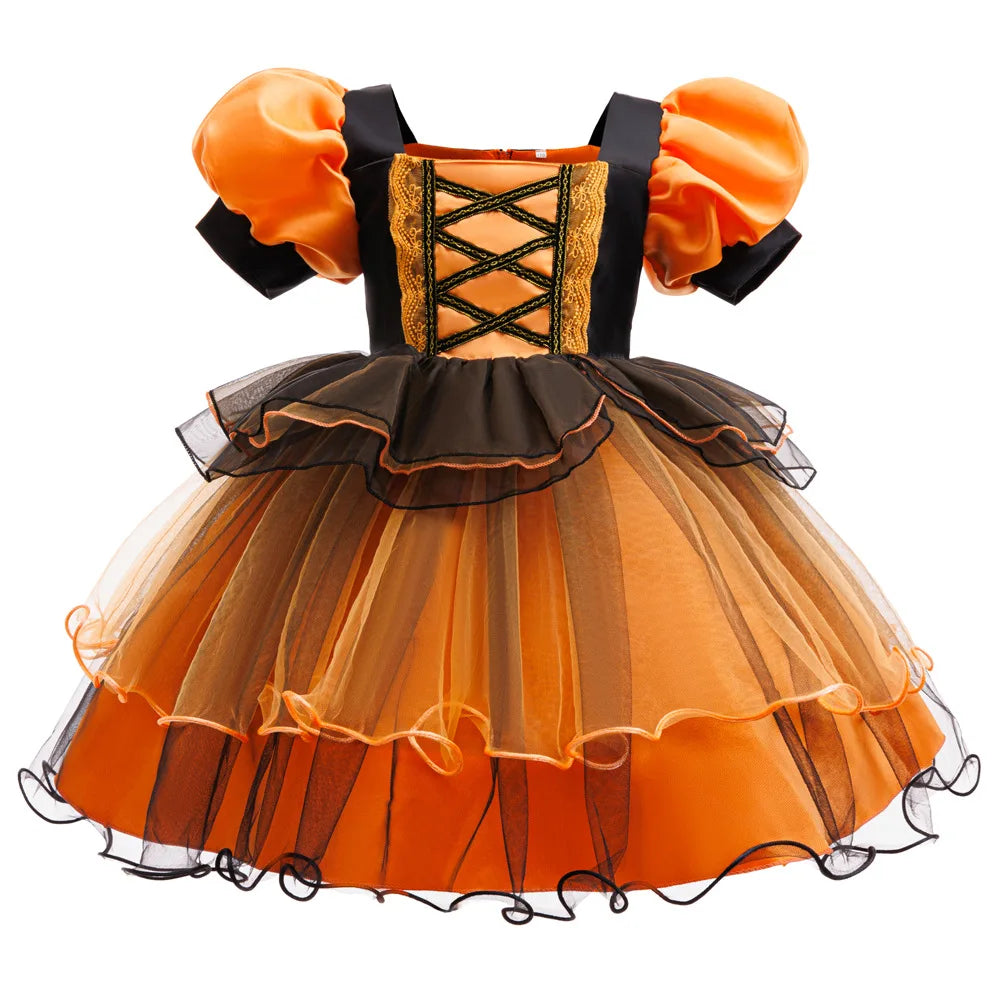 Girls Halloween Witch Costume Puff Sleeve Orange Black Layer Tulle Tutu Dress Kids Pumpkin Cosplay Outfit - product image 5